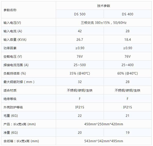 沪工逆变式钢筋对焊机DS 400/500技术参数